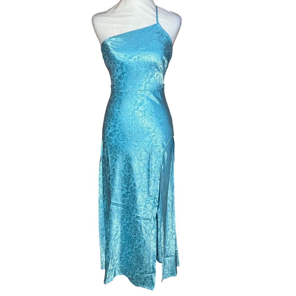 Lulus Forever Celebrating Blue Floral Jacquard One-Shoulder Midi XS - no belt